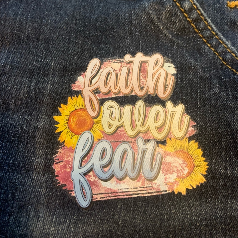 Overall shorts fits like 12/14 repurposed with vinyl pressed faith over fear